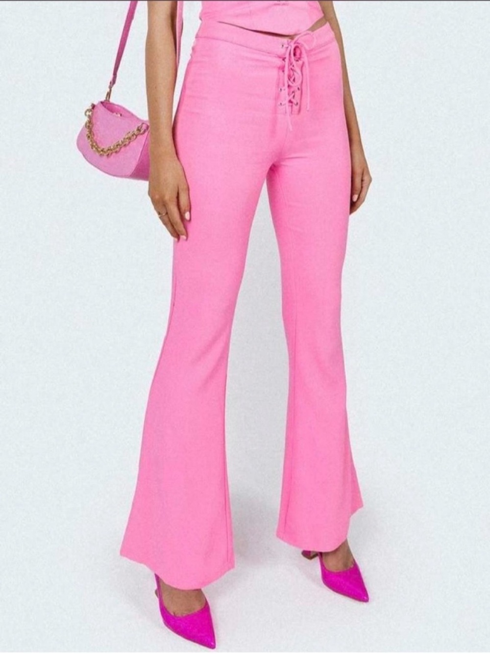 Princess Polly Marcia Flare Pants Pink Lace Up High Rise NWT Size 12